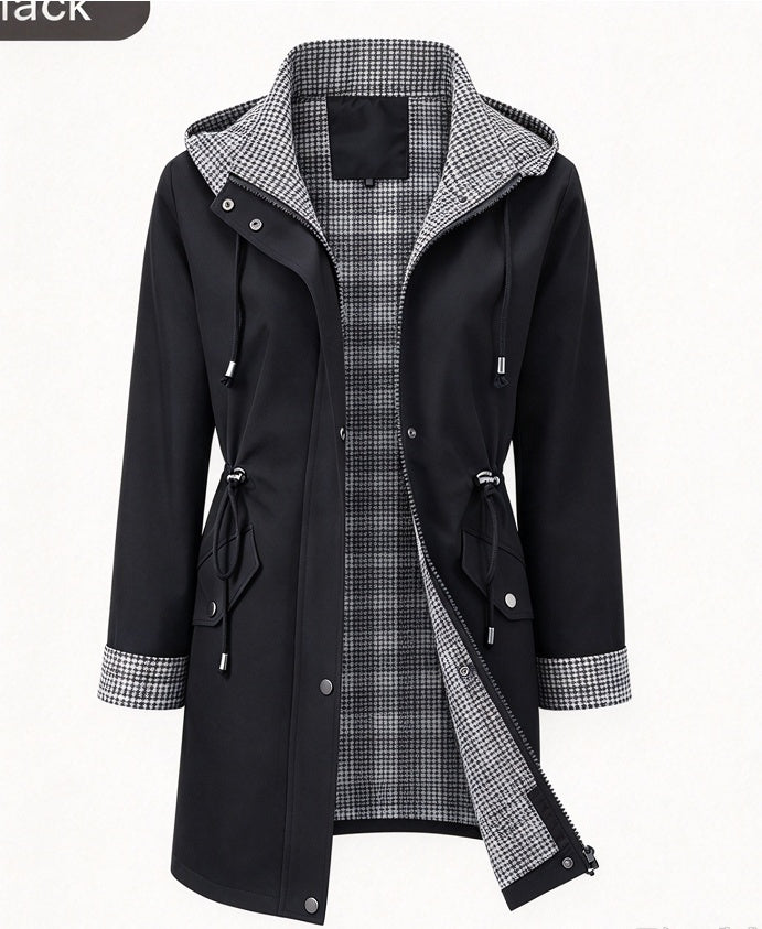Women's hooded trench coat with plaid lining, mid-length casual jacket featuring a drawstring waist and outerwear design.
