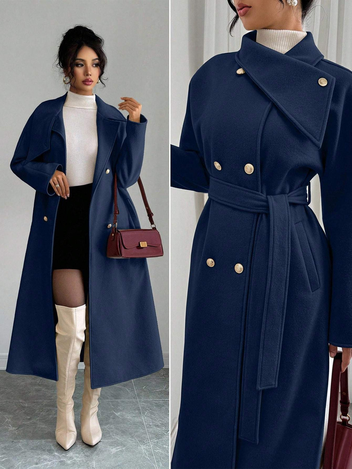 CJdropshipping 2026 European and American fashion double-breasted woolen coat, warm autumn and winter outerwear, front view.