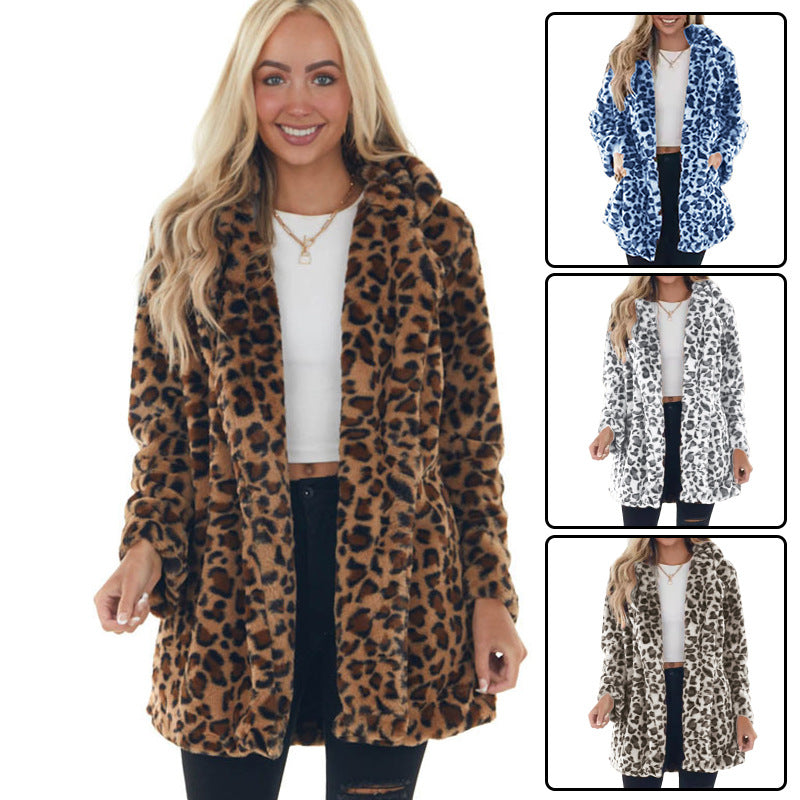 European and American leopard print winter fur outwear for women, featuring side flap pockets and a loose fit, stylish and cozy.