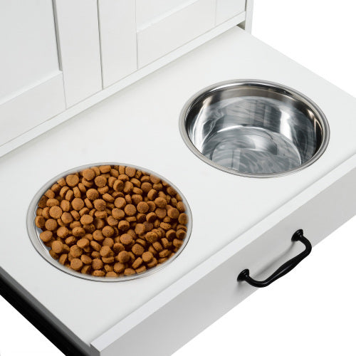 Dog Feeding Station, Dog Food Locker With Hidden Dog Bowl, Adjustable Panel, Hook, Medium Dog, White