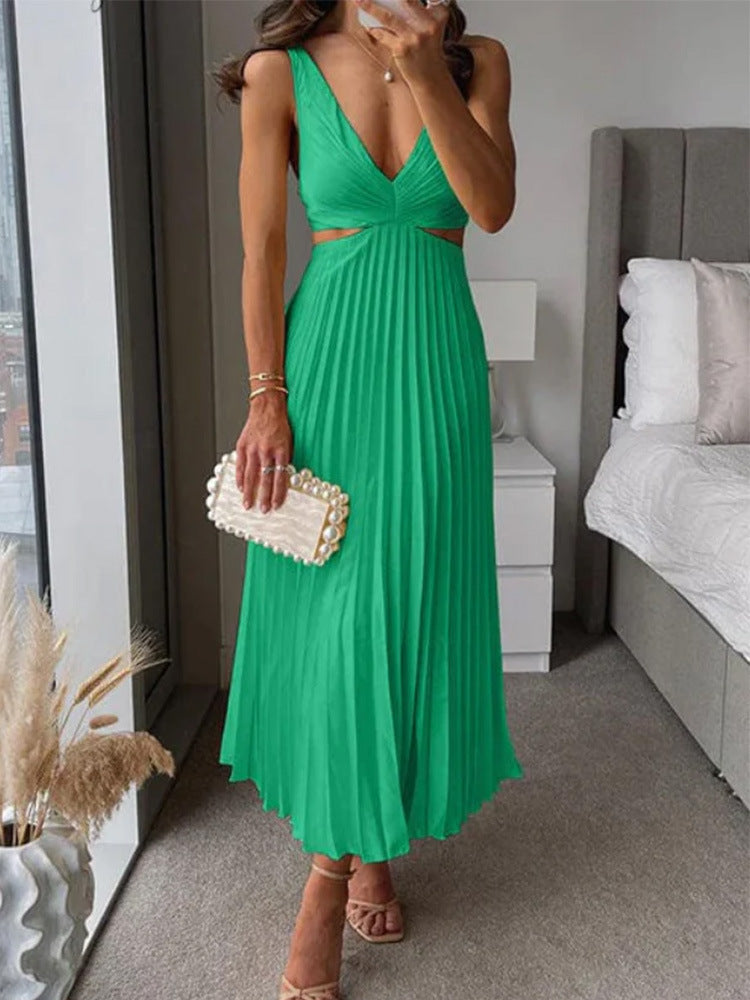 Ins Suspender Pleated Long Dress With Hollow-waisted Design Fashion V-neck Backless Dresses Summer Women's Clothing