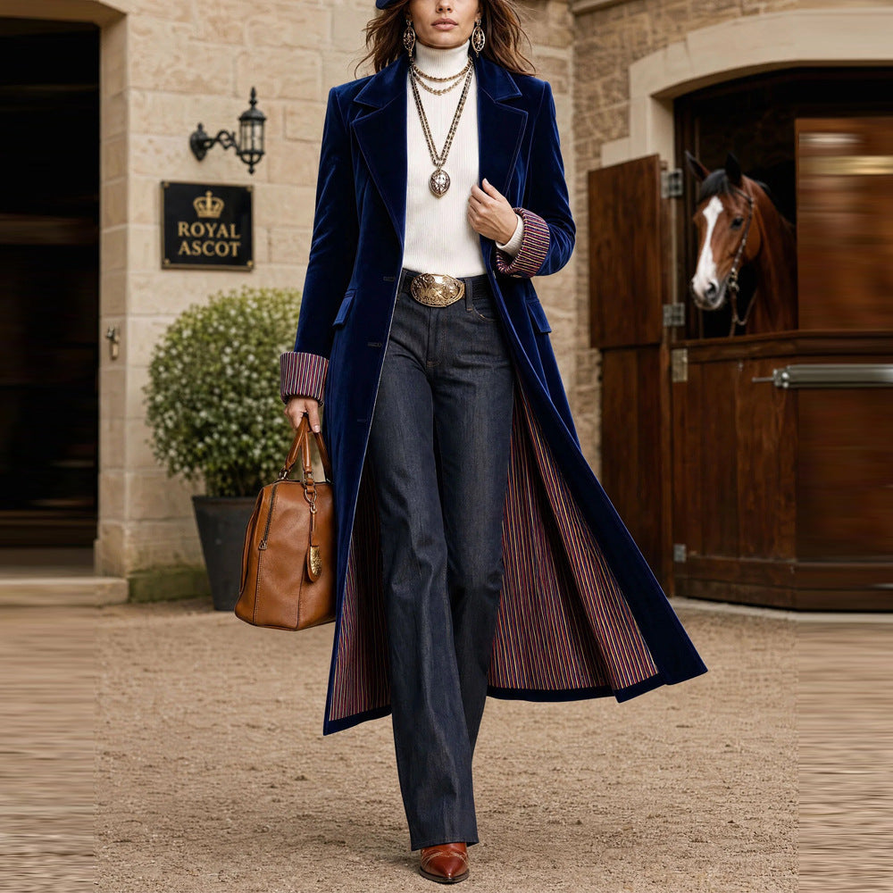 European and American style velvet long coat for women, featuring contrast color lace details from Independent Station 2026 collection.