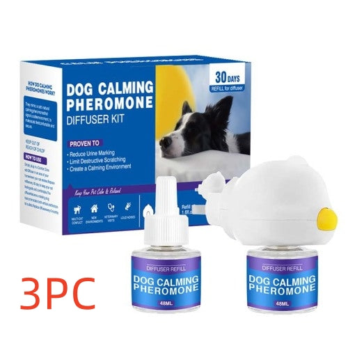 Pet cat and dog anti-stress aromatherapy diffuser with calming essential oils for mood soothing in a home setting.