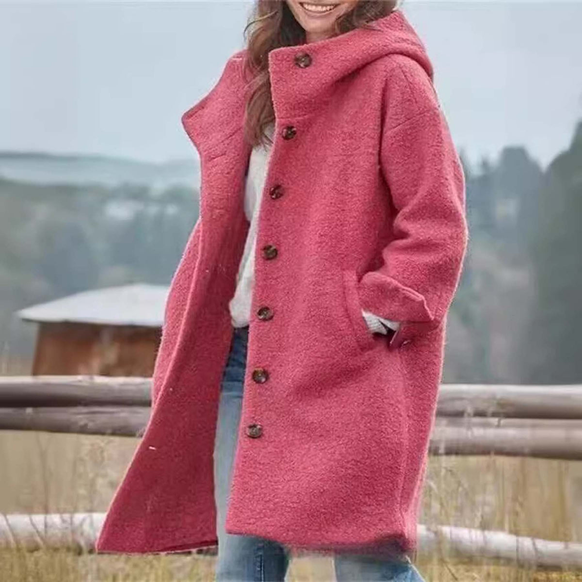 Elegant women's woolen hooded outwear by CJdropshipping, featuring a pure color, long length, and crossover European American fashion style.