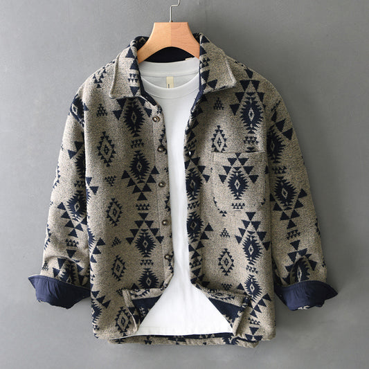 Men's Autumn New Retro Jacquard Woolen Long Sleeves Casual Shirt