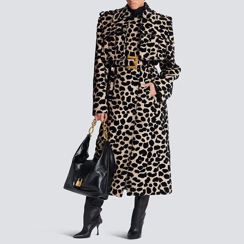 Leopard pattern jacquard belted long trench coat, stylish outerwear with classic design and waist belt, by CJdropshipping.