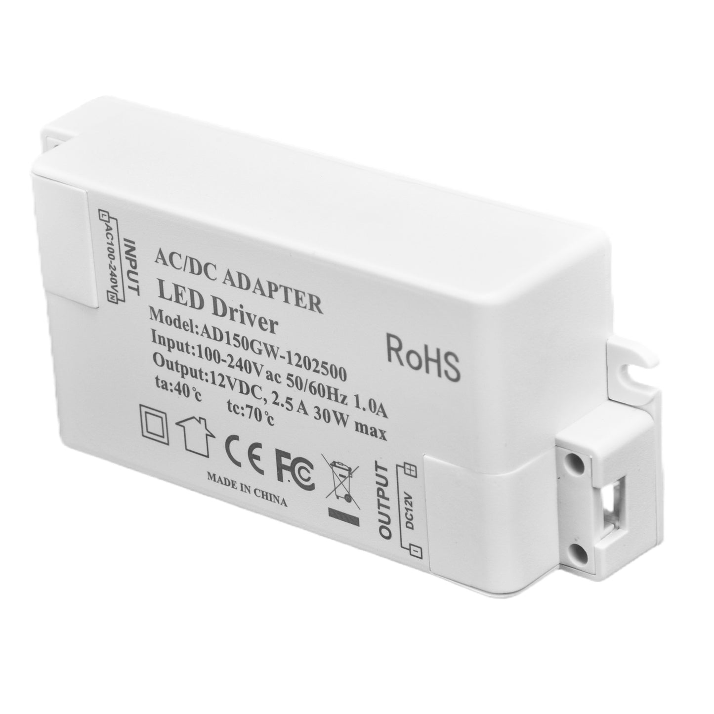 30W DC 12V 2.5A LED Driver Constant Voltage No Flicker LED Light Transformer for Bathroom Restroom AC 100‑240V