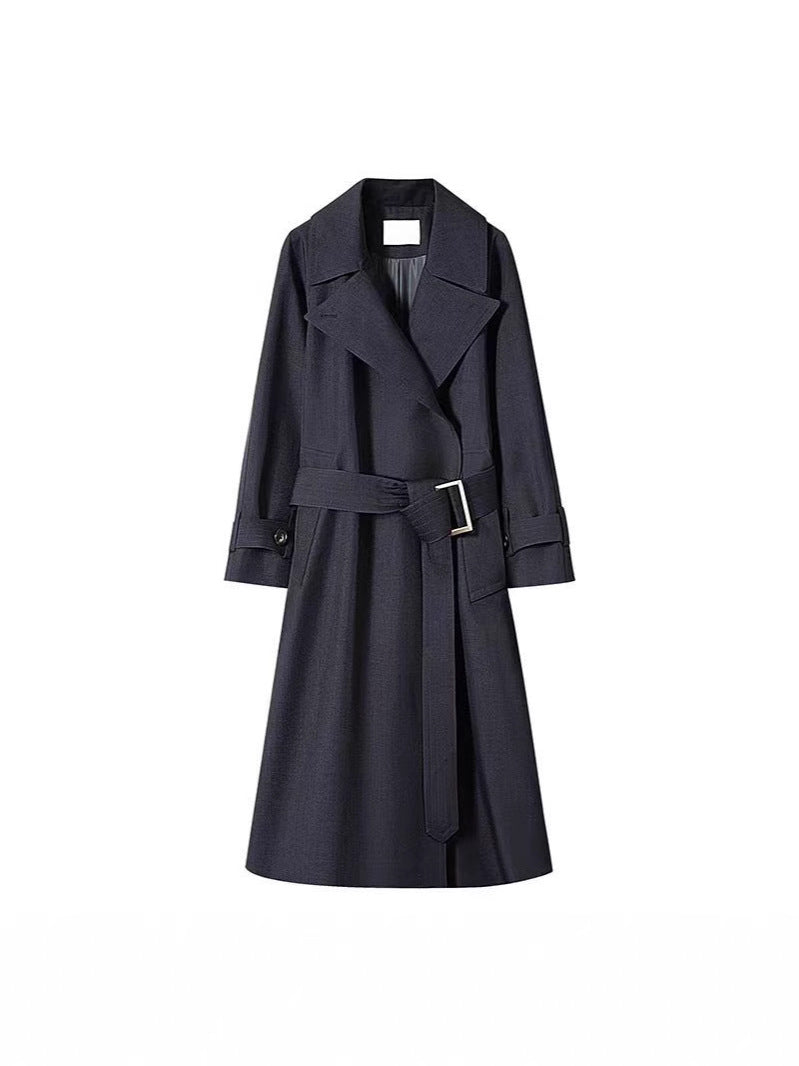 Classic belted long trench coat in beige, featuring a waist belt, double-breasted buttons, and a tailored fit from CJdropshipping.
