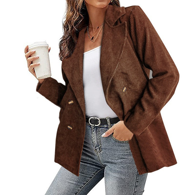 Casual women's corduroy double-breasted suit jacket in autumn and winter styles, featuring a small, tailored fit and classic design.