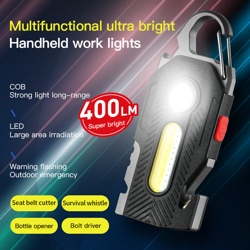 Lampe de poche d'urgence multifonctionnelle rechargeable, porte-clés, lumière de travail COB haute luminosité, lumière de maintenance, lampe LED de camping en plein air