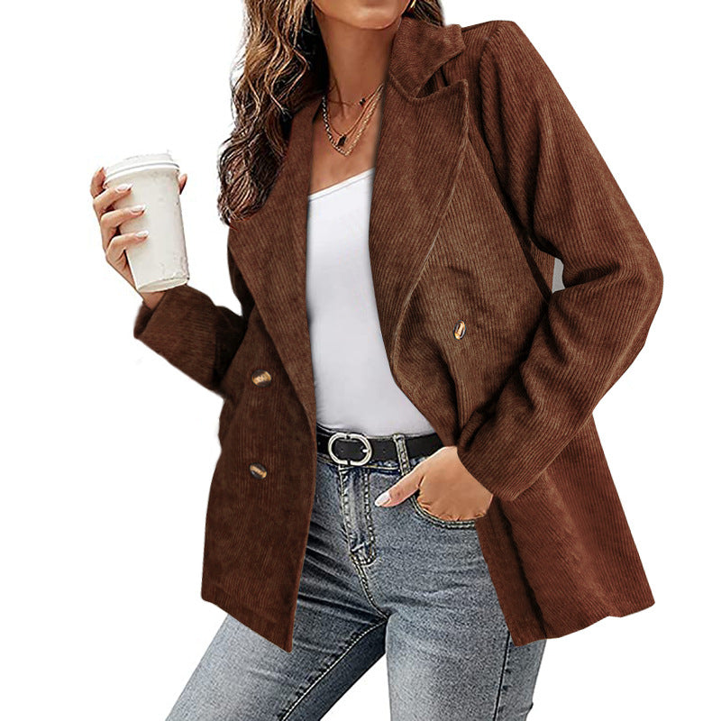 Women's double-breasted corduroy suit jacket in autumn and winter styles, casual European and American fashion by CJdropshipping.