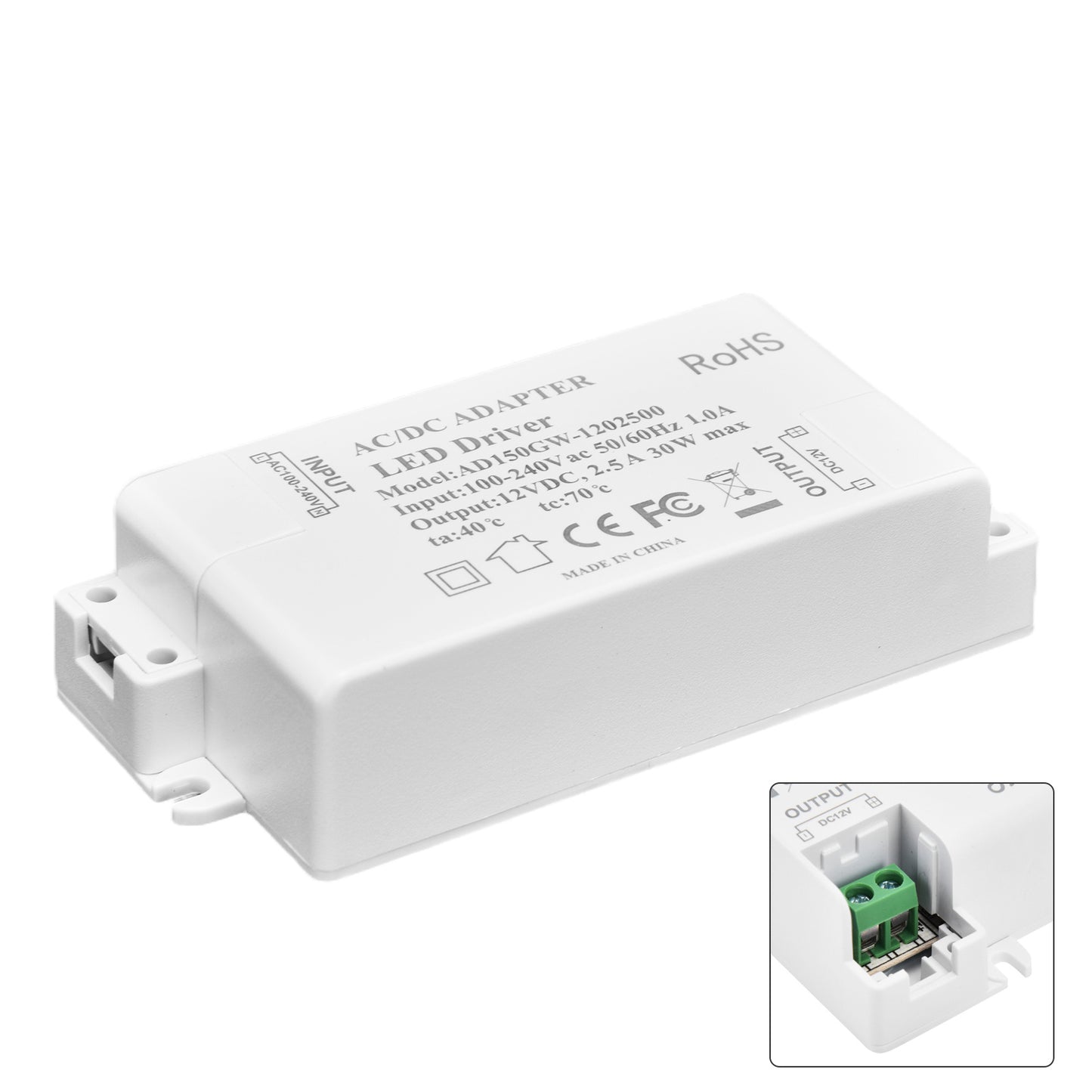 30W DC 12V 2.5A LED Driver Constant Voltage No Flicker LED Light Transformer for Bathroom Restroom AC 100‑240V