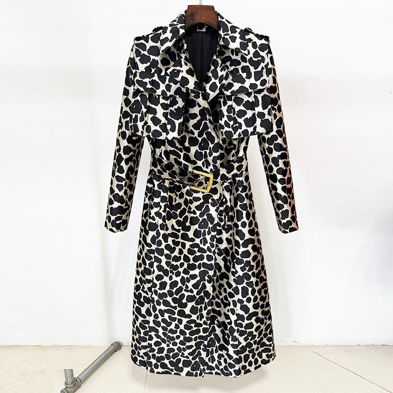 Leopard pattern jacquard belted long trench coat by CJdropshipping, shown in a stylish, full-length view with belt and classic collar.