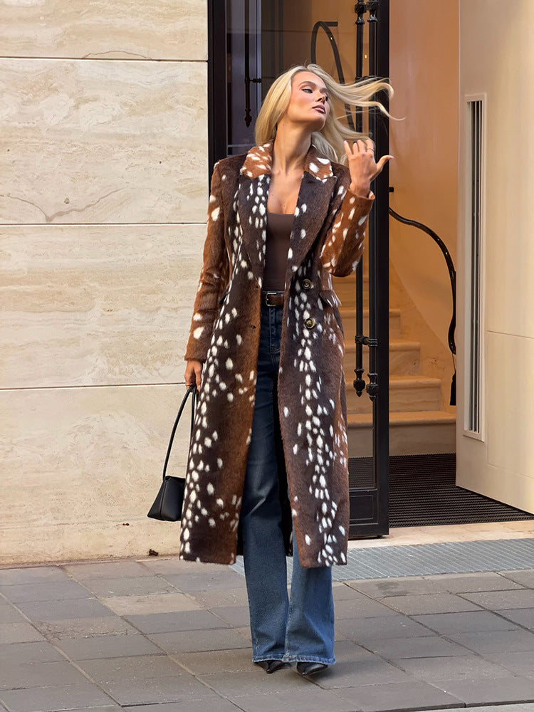 Fawn spotted faux fur tailored long coat with a stylish silhouette, designed by CJdropshipping, showcasing its elegant fabric and pattern.