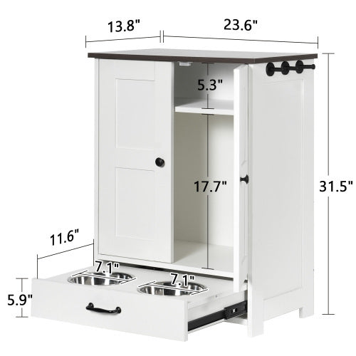 Dog Feeding Station, Dog Food Locker With Hidden Dog Bowl, Adjustable Panel, Hook, Medium Dog, White