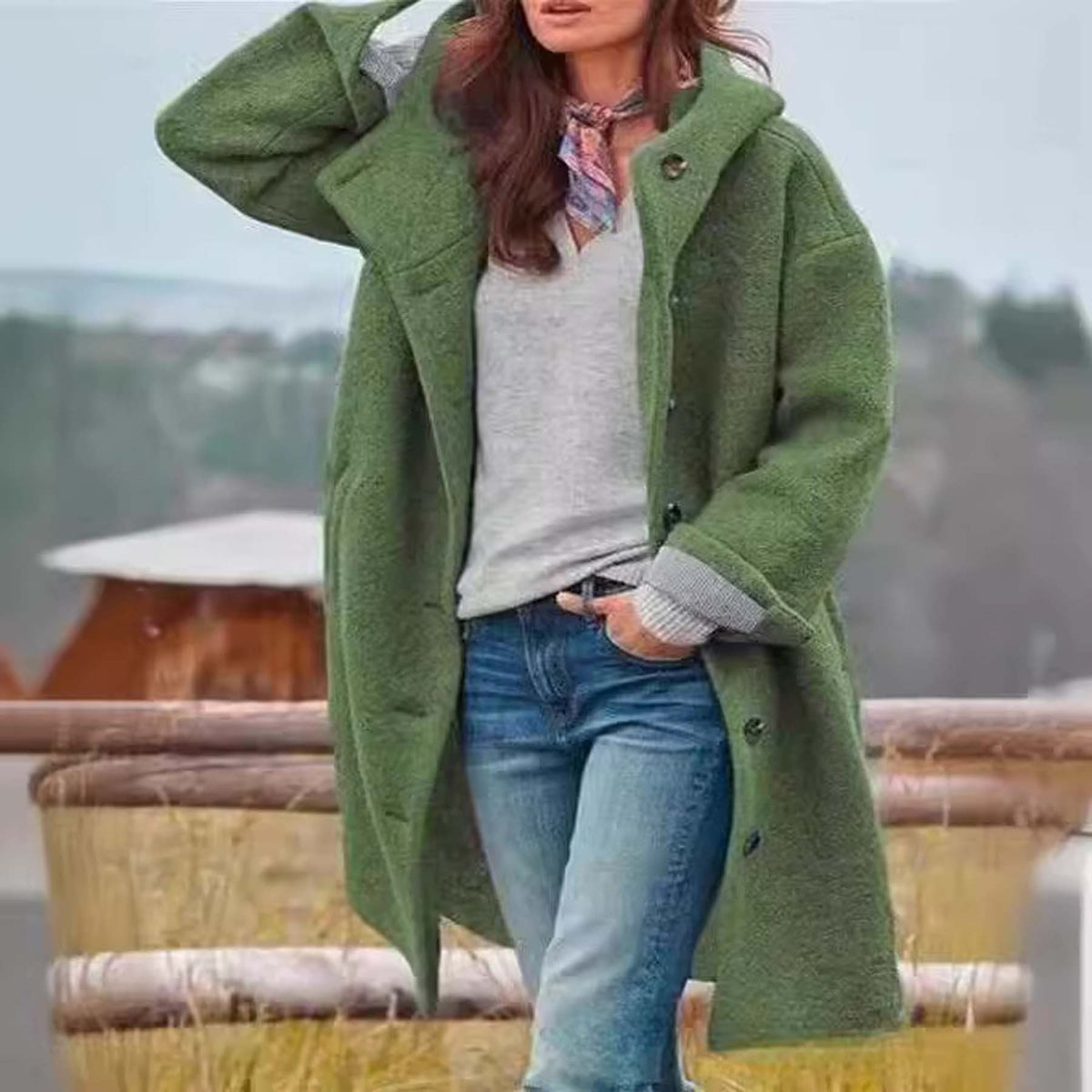 Elegant women's woolen hooded long outwear by CJdropshipping, featuring a pure color design and European-American fashion style.