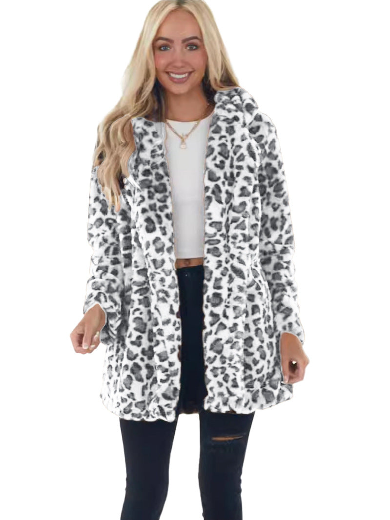 European and American leopard print winter fur outwear for women with side flap pockets, stylish and elegant, by CJdropshipping.