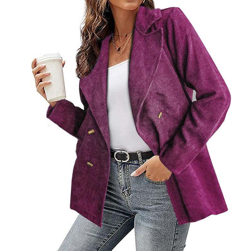 Women's double-breasted corduroy suit jacket by CJdropshipping, featuring a casual autumn and winter small suit jacket style.