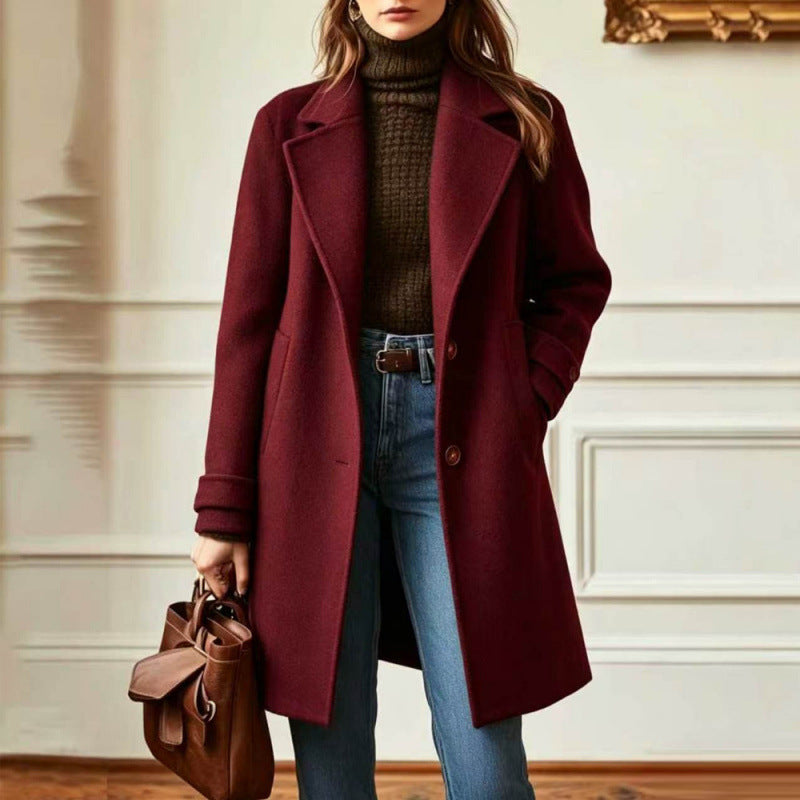 Women's retro-style woolen coat with mid-length lapel, perfect for autumn and winter, casual cross-border fashion by CJdropshipping.