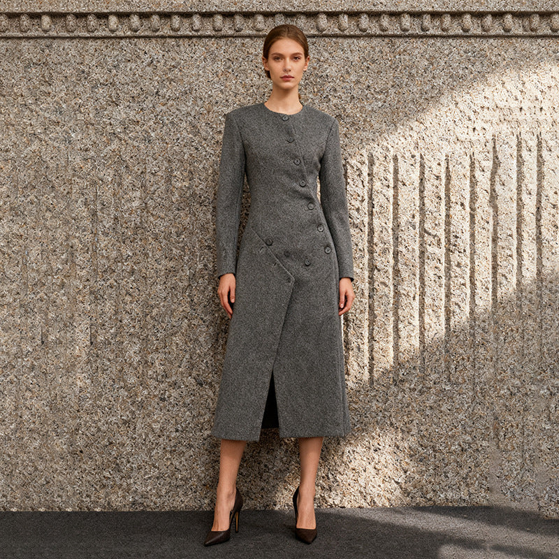 Asymmetric buttoned tweed midi dress coat by CJdropshipping, showing a stylish, tailored outerwear piece with unique design details.