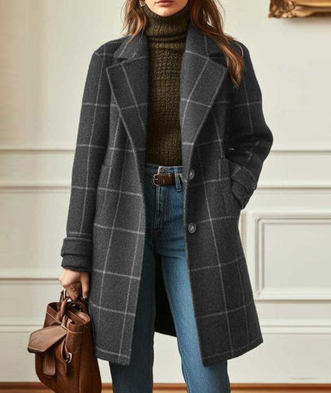 Medium-length plaid woolen coat from 2026 New Collection, stylish and warm, featuring a classic pattern and tailored fit.
