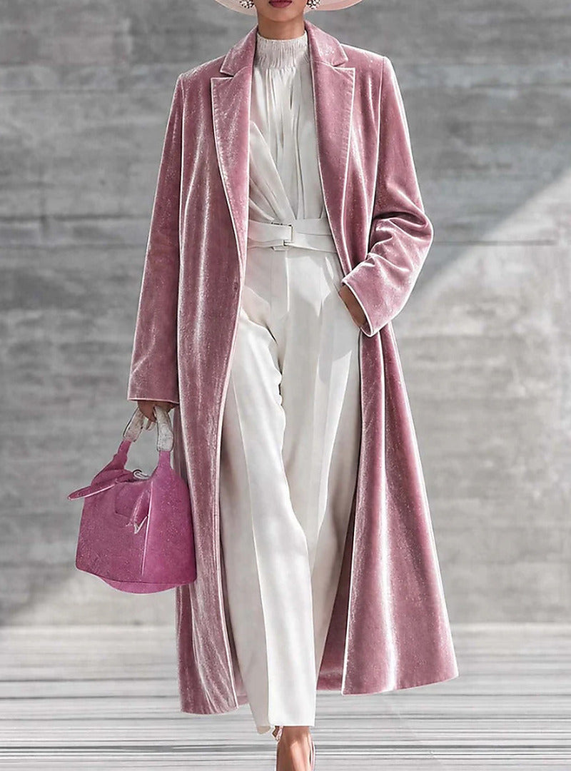 Women's long velvet coat with turn-down collar and over-the-knee length, stylish autumn winter jacket by CJdropshipping.