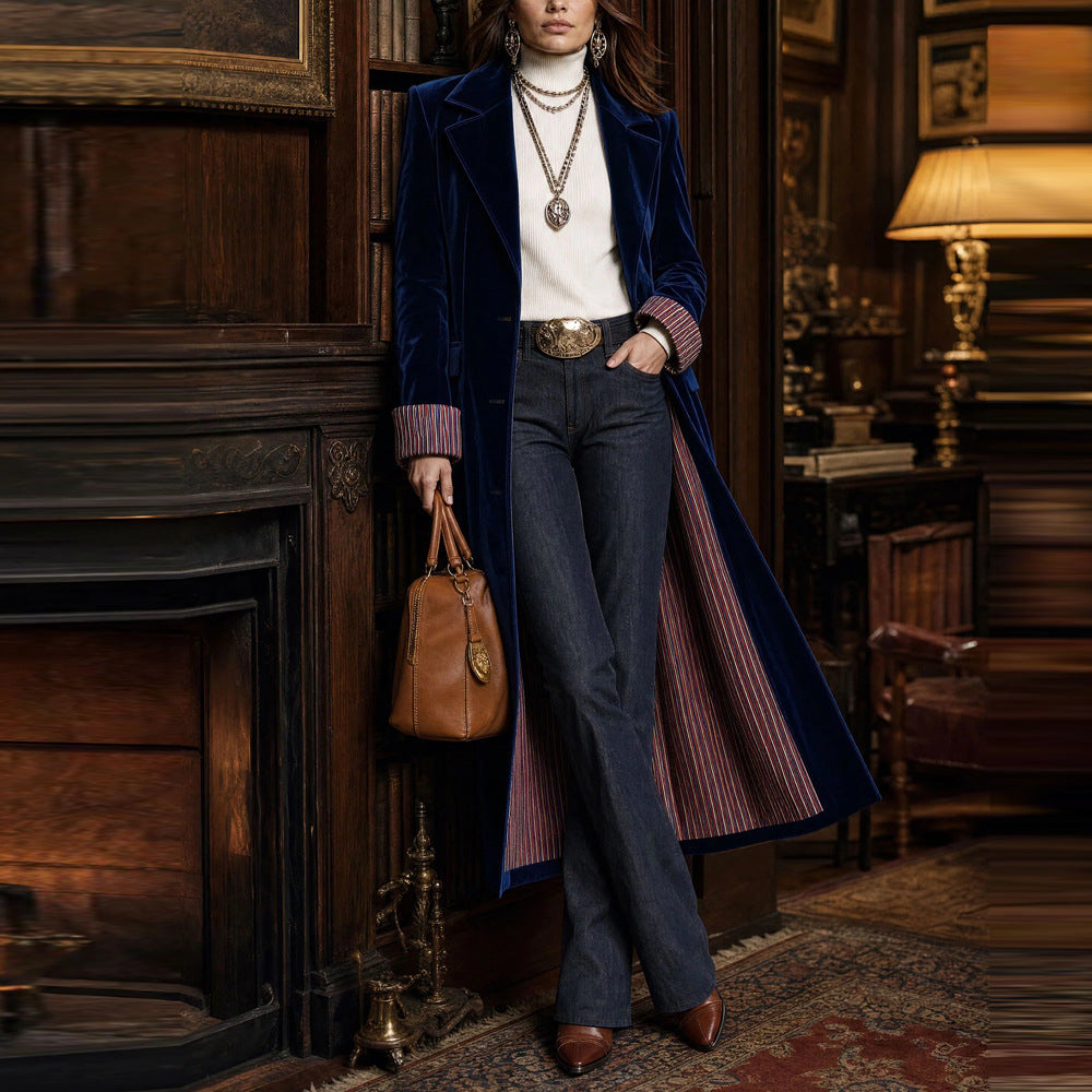 Women’s long velvet coat with contrast color lace details, European and American style for autumn and winter fashion.