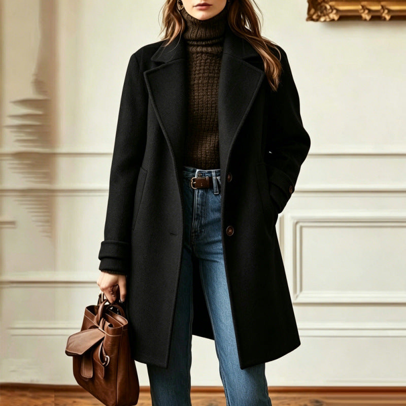 Women's woolen coat from CJdropshipping featuring a retro, casual style with a mid-length lapel design for autumn and winter 2026.