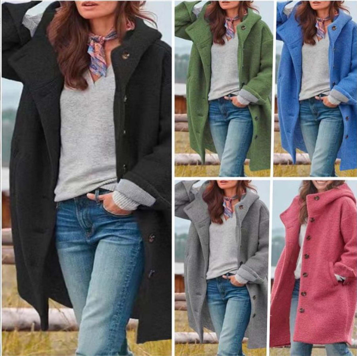 Elegant long woolen women's hooded outwear by CJdropshipping, in a pure color, suitable for European and American fashion styles.