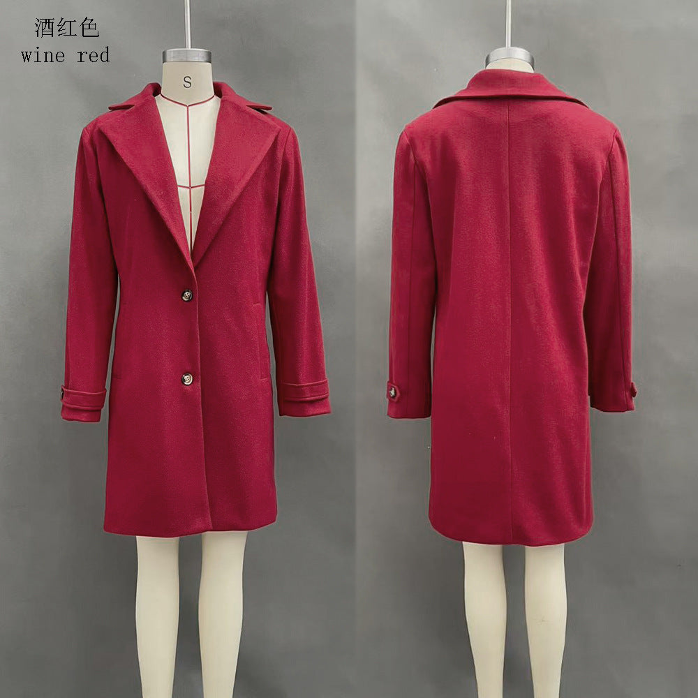 Women's woolen mid-length lapel coat in retro autumn and winter style, featuring a casual look with a classic design.