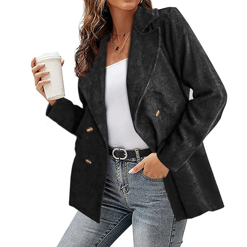 European and American style women's corduroy double-breasted suit jacket, casual autumn and winter small blazer from CJdropshipping.