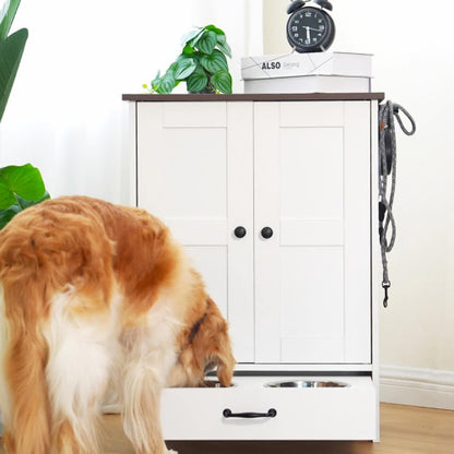 Futterstation für Hunde, Hundefutterschrank mit verstecktem Hundenapf, verstellbare Platte, Haken, mittelgroßer Hund, weiß