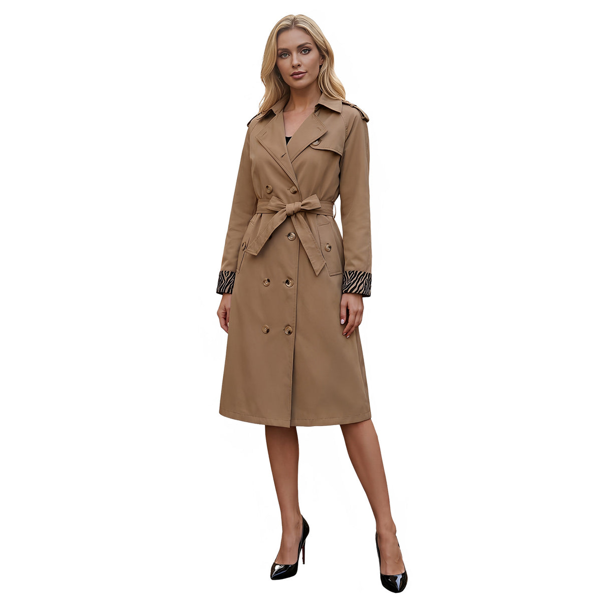 Women's trench coat with leopard print decoration, long-sleeve, double-breasted style, European size, fashion belt, European and American style