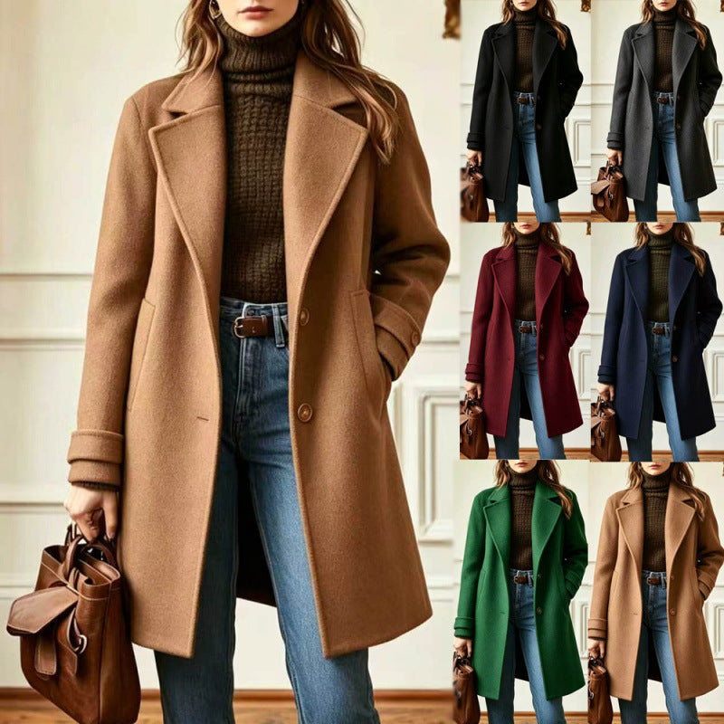 Women's retro mid-length woolen coat with lapel collar, in autumn and winter fashion, featuring casual style and warm fabric.