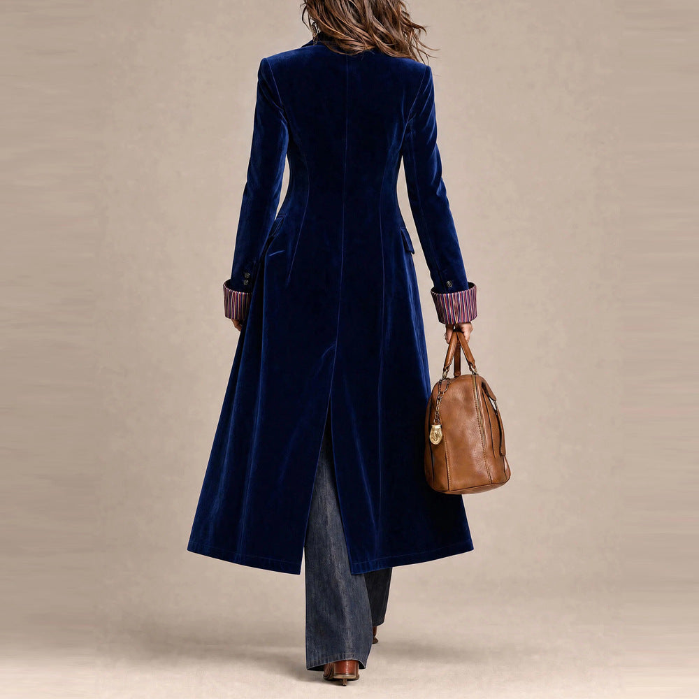 Women's long velvet coat with contrast color lace details from CJdropshipping's Autumn/Winter 2026 European and American fashion collection.