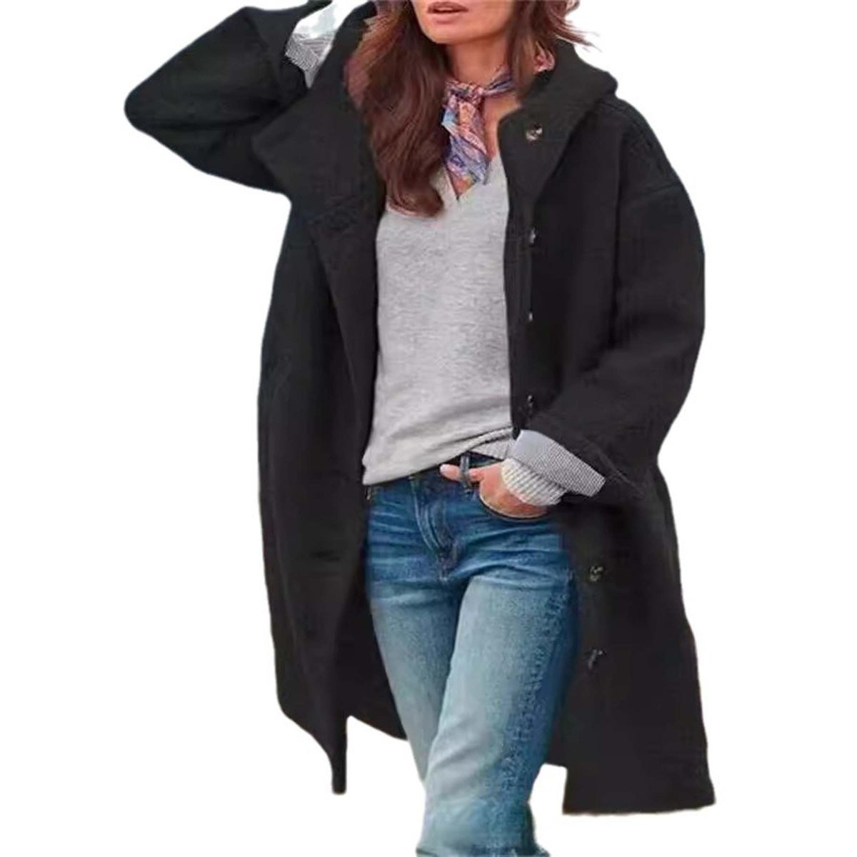 Elegant women's long woolen coat with hood, pure color, European and American fashion style, by CJdropshipping.