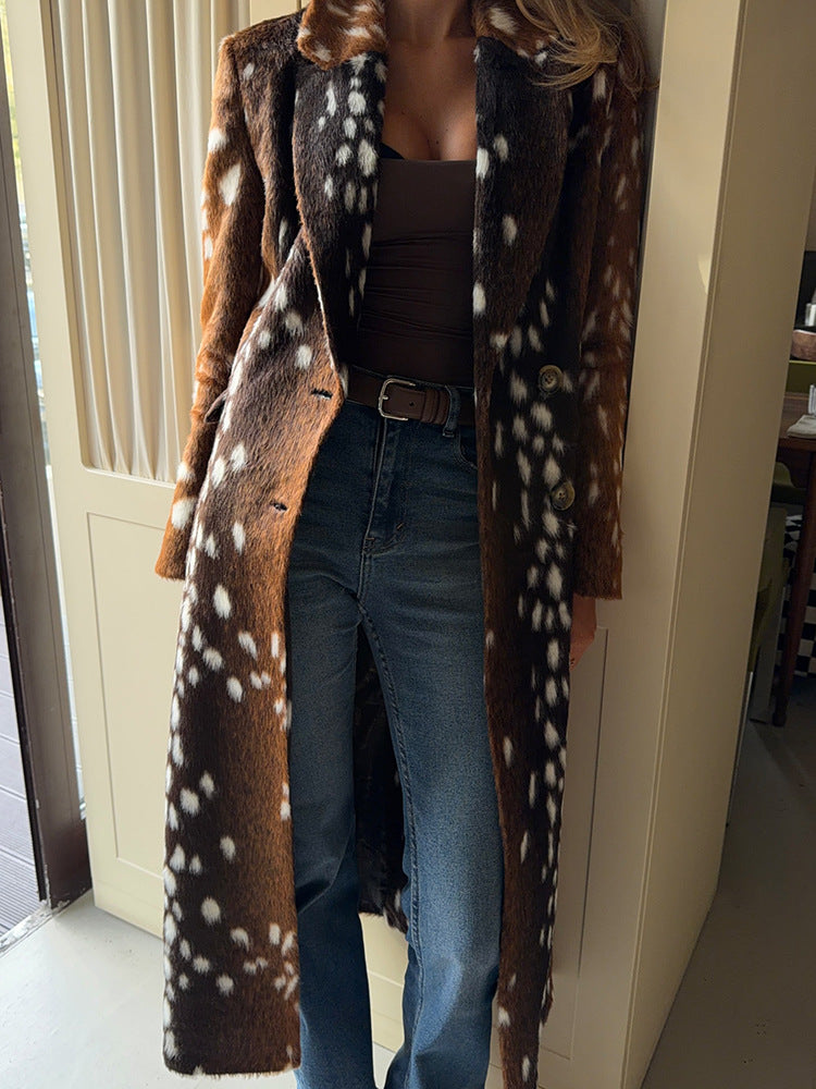 Fawn spotted faux fur tailored long coat with a stylish silhouette, featuring a plush texture and elegant design.