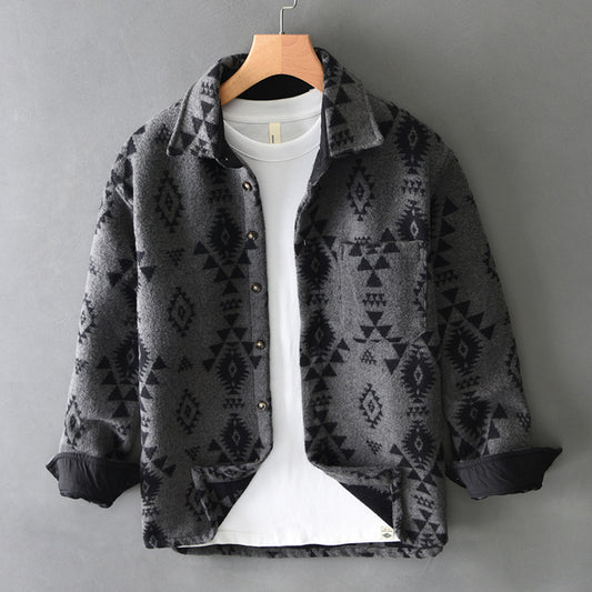 Men's Autumn New Retro Jacquard Woolen Long Sleeves Casual Shirt