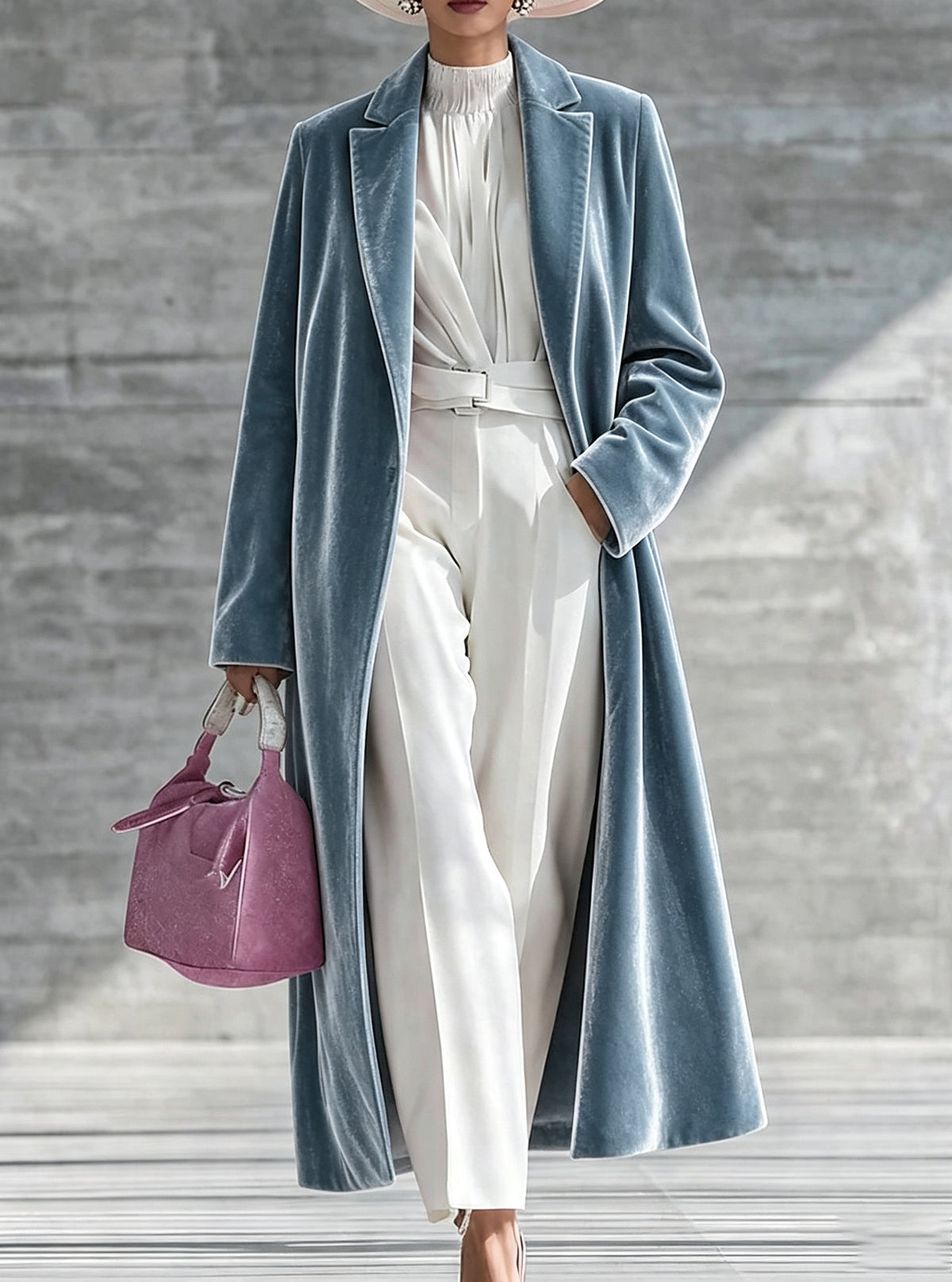 Women's long velvet coat with turn-down collar, over-the-knee length, high-end feel, in autumn winter fashion, by CJdropshipping.