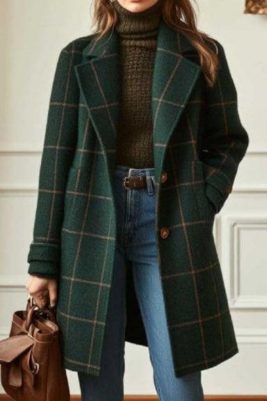 Medium length woolen coat in plaid pattern from CJdropshipping, stylish 2026 design with warm, cozy fabric and classic look.