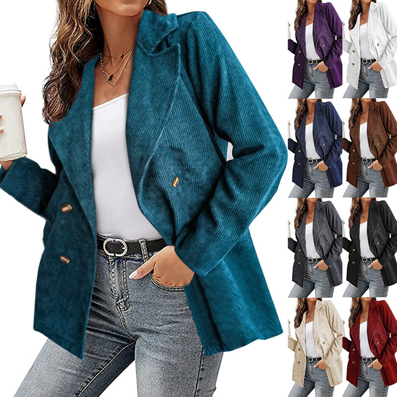 Women's double-breasted corduroy suit jacket in autumn and winter, casual style, from CJdropshipping, suitable for European and American fashion.